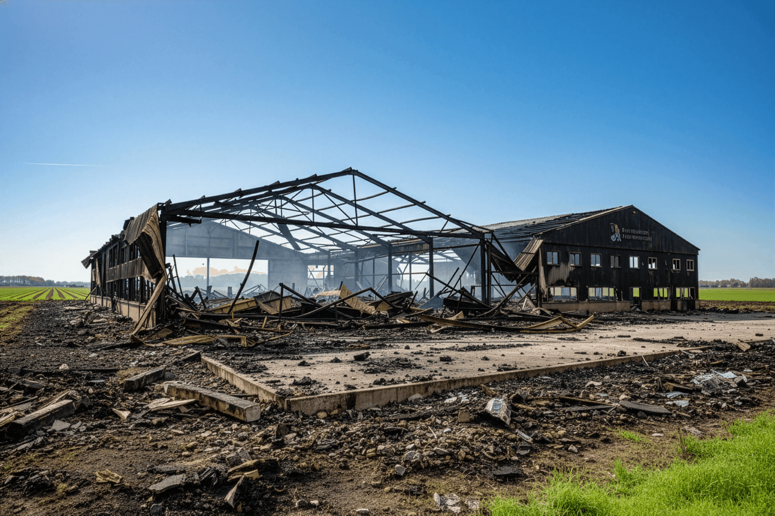 Afgebrand bedrijfsgebouw met metalen constructie.