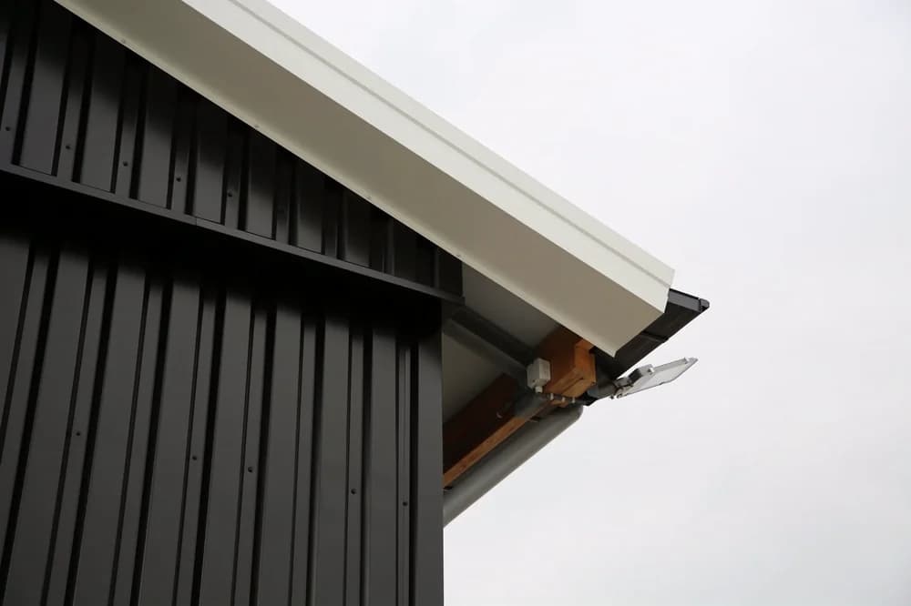 Dakrand en gevelbeplating van de agrarische opslagloods in Delden