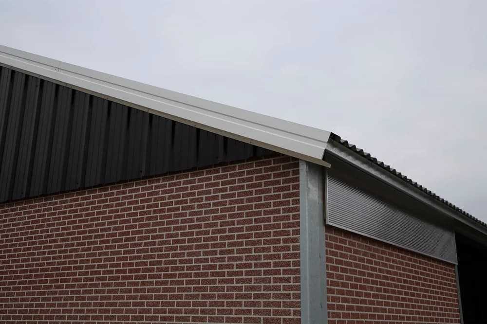 Gevel en dakrand van de kalverstal van Vrielink in Rossum met gevelpanelen